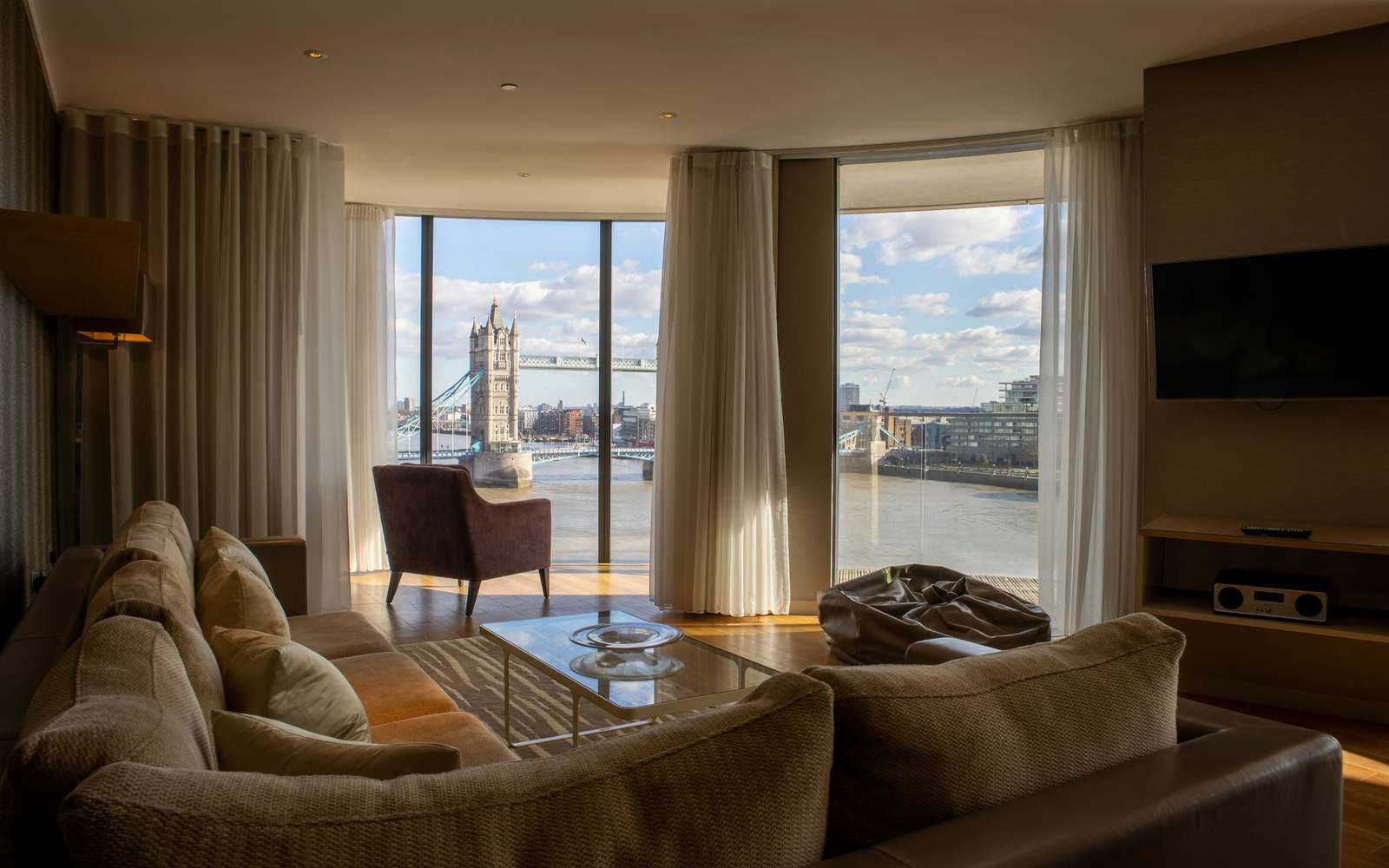A London living room overlooking Tower Bridge